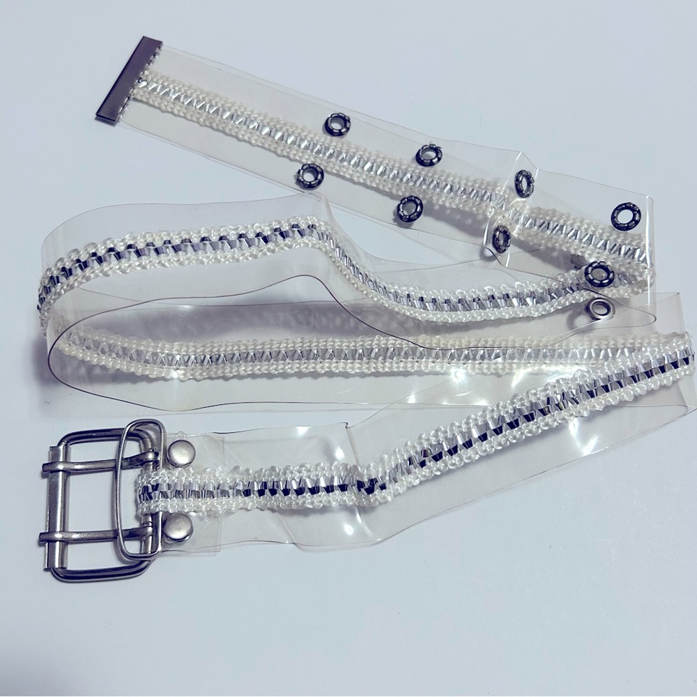 Y2K Clear Double-Prong Belt with Silver Buckle and Ribbon Embellishment
